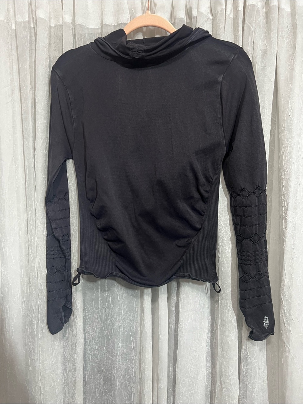 FP Movement by Free People Black Hooded Active Top with White Print